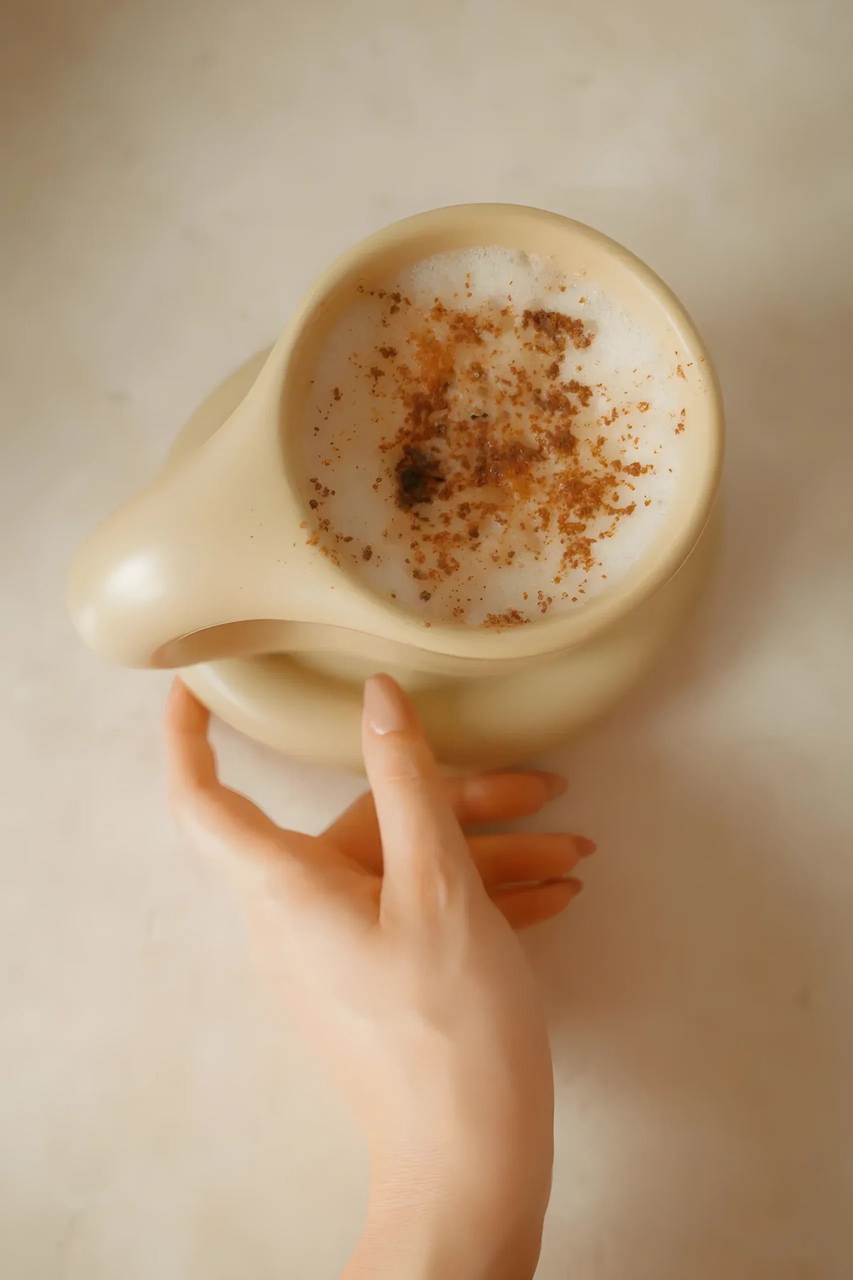 Main tenant une tasse de latte saupoudré de cannelle sur une table crème