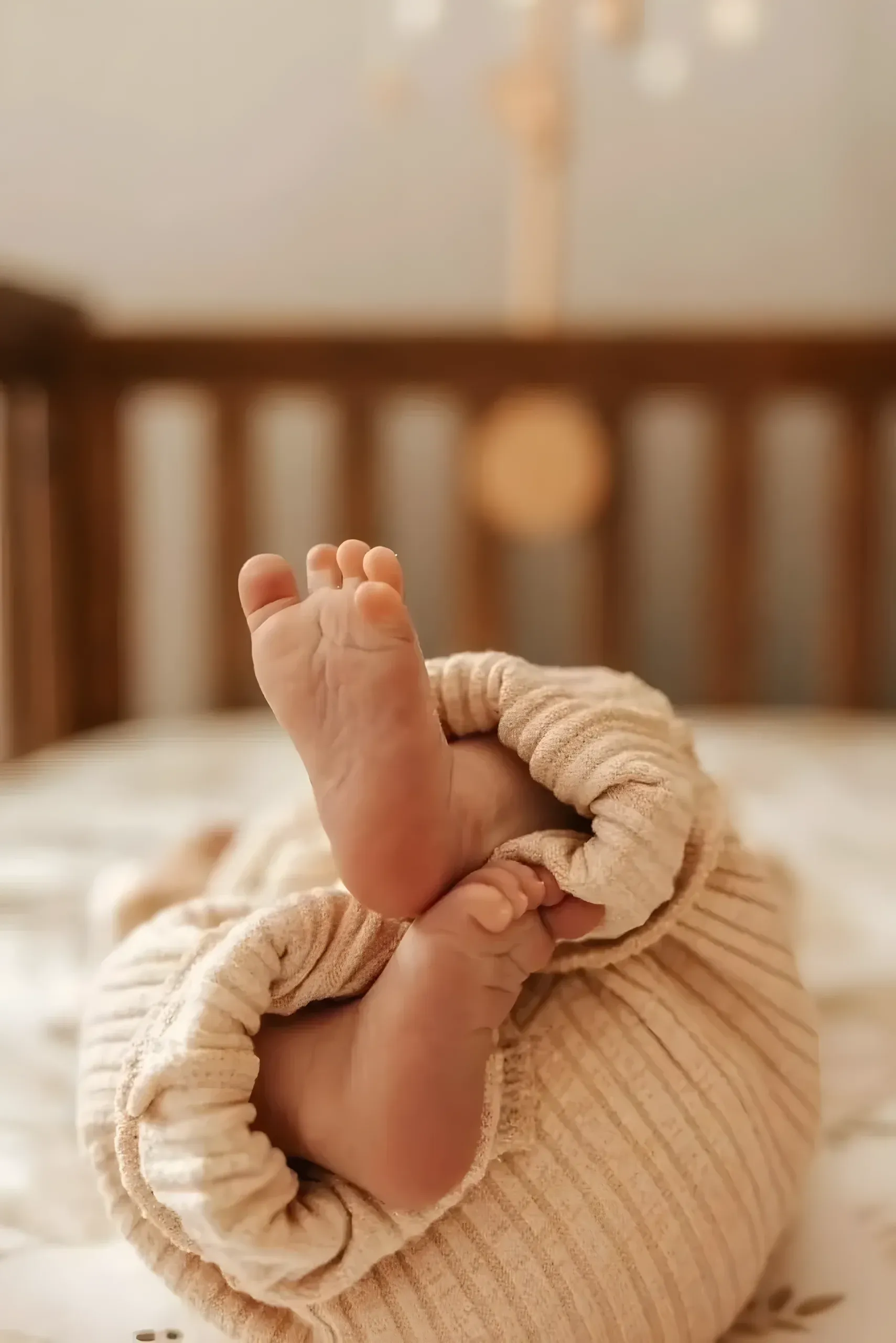 Petits pieds de nouveau-né dépassant d’un pyjama beige côtelé, lit de bébé en arrière-plan